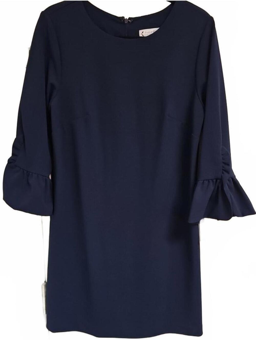 Anthro Nanette Lepore Dress Spring Bloom Dark Navy Blue Shift 3/4 Sleeve Sz 8